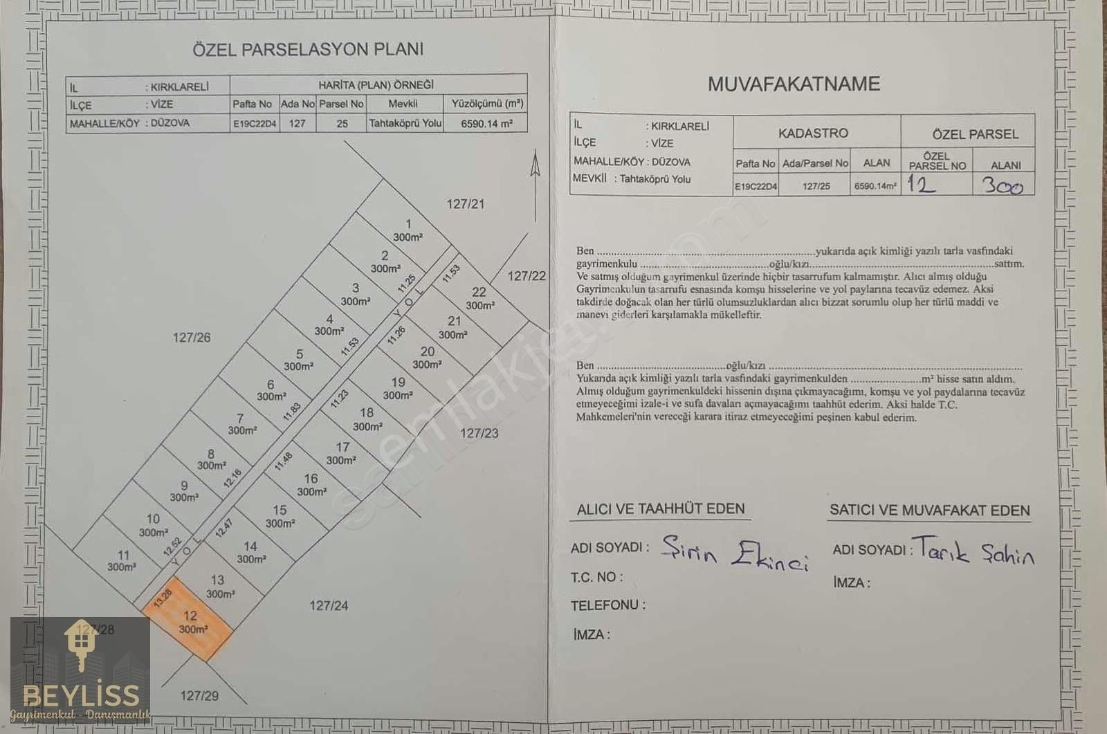 Vize Düzova Köyü Satılık Tarla Kırklareli Vize Düzova Köyünde 300+300 2 Hisse Satılık