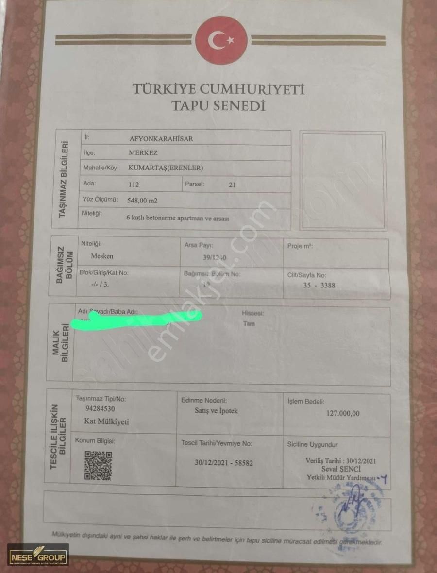 Afyonkarahisar Merkez Erenler Satılık Daire Pamukoğlu Suit Ara Kat Öncephe Kat Mülkiyetli 1+1