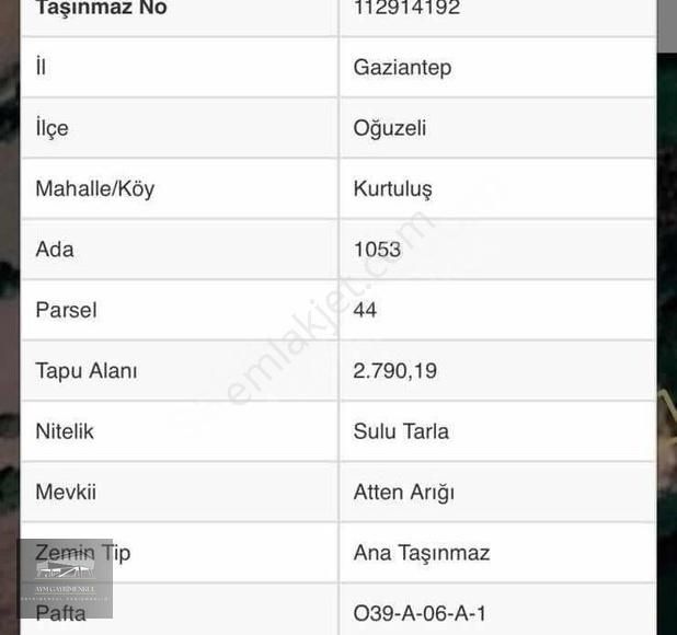 Oğuzeli Kurtuluş Satılık Tarla Oğuzeli Kurtuluş Havalimanı Sırtında 2790metre Tek Tapulu Arazi