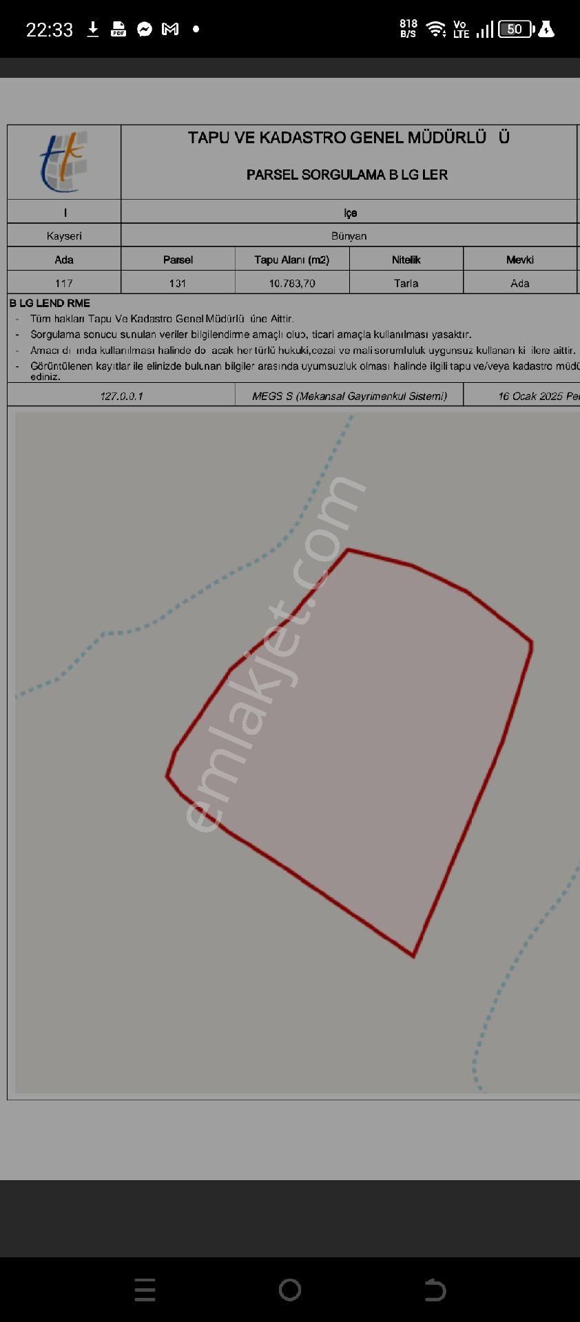 Bünyan Musaşeyh Satılık Tarla Kayseri Bünyan 10800 Metre Yatırımlık Tek Tapu Tarla