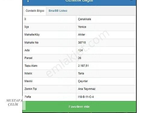 Yenice Ahiler Köyü Satılık Tarla Çanakkale Yenice Ahiler Köyü 2.187,51 M² Satılık Tarla