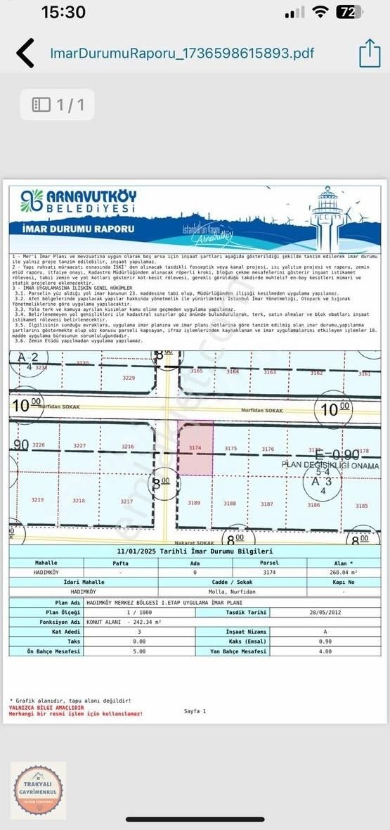 Arnavutköy Hadımköy Satılık Konut İmarlı Hadımköy Kadirtepe Mevkiinde 260 M2 İmarlı İfrazlı Arsa