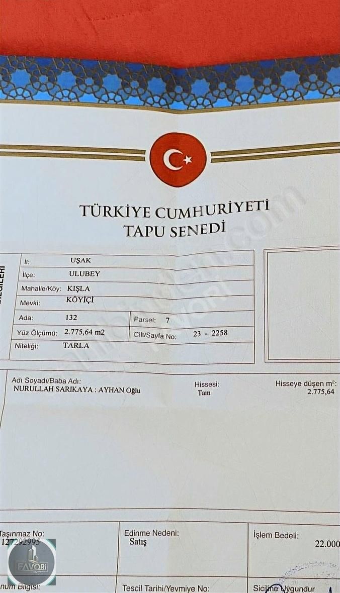 Ulubey Kışla Köyü Satılık Konut İmarlı 2.775 Metre Kare Köyiçi Arsam Satılıktır