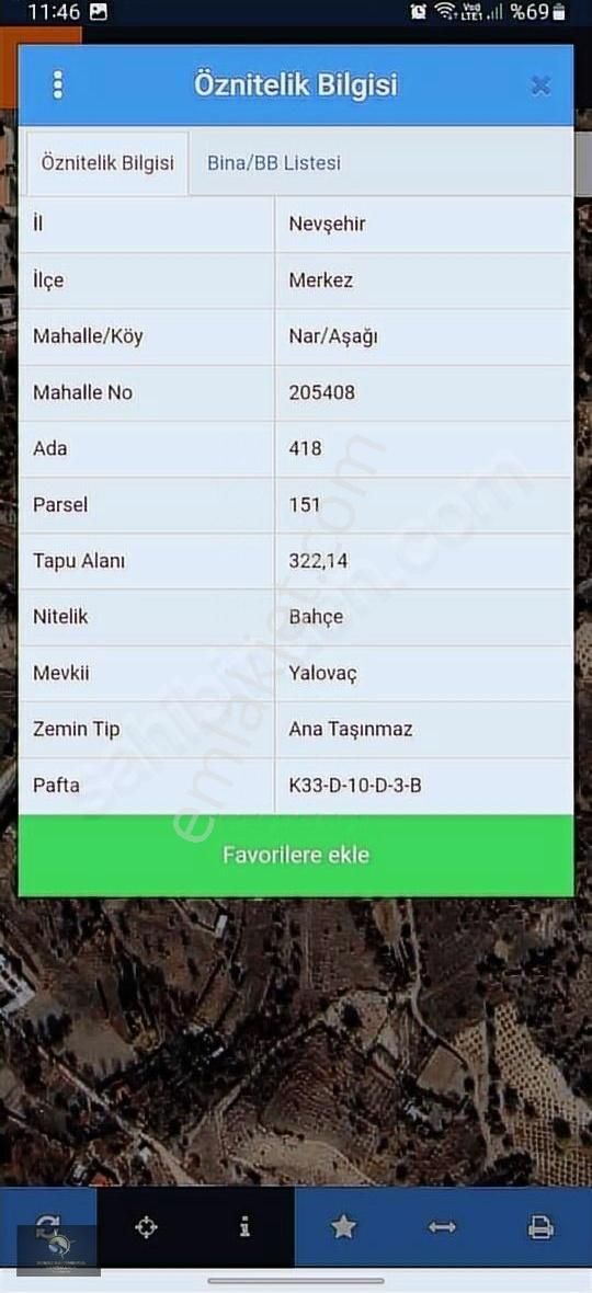 Nevşehir Merkez Nar Bld. (Aşağı) Satılık Bağ & Bahçe Nar'da Tokiden İnişte Asfalt A Sıfır 1.120 M2 Bahçe