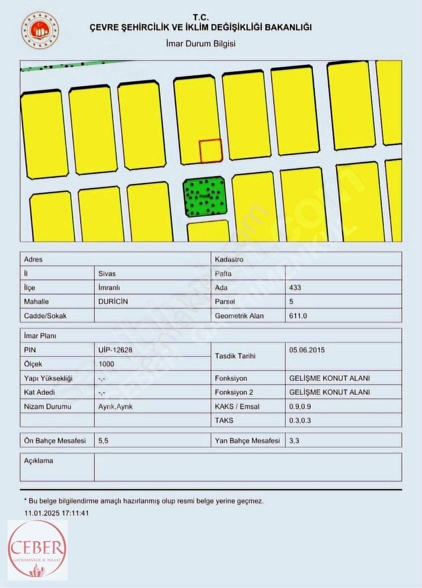 İmranlı Durcan Satılık Konut İmarlı Ceber Den Konut İmarlı 611 M² Arsa