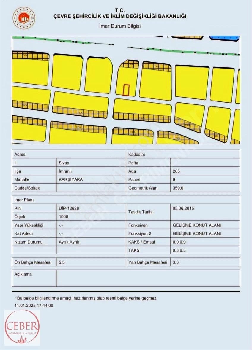 İmranlı Karşıyaka Satılık Konut İmarlı Ceber Den İmarlı 359 M² Arsa