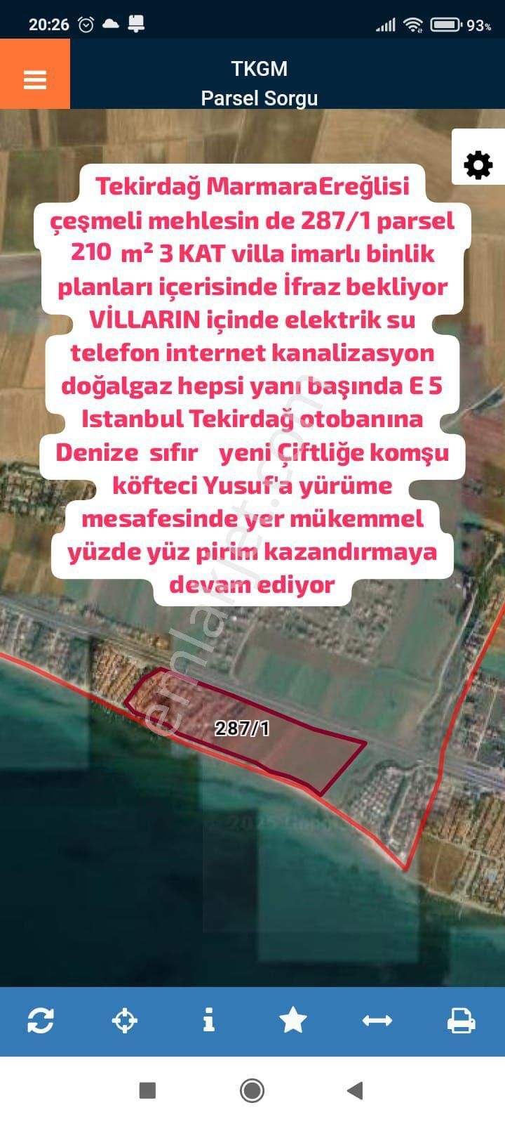 Marmaraereğlisi Çeşmeli Satılık Tarla Tekirdağ Marmaraereğlisi Çeşmeli Mehlesin De 287/1 Parsel 206 M² 3 Kat Villa İmarlı