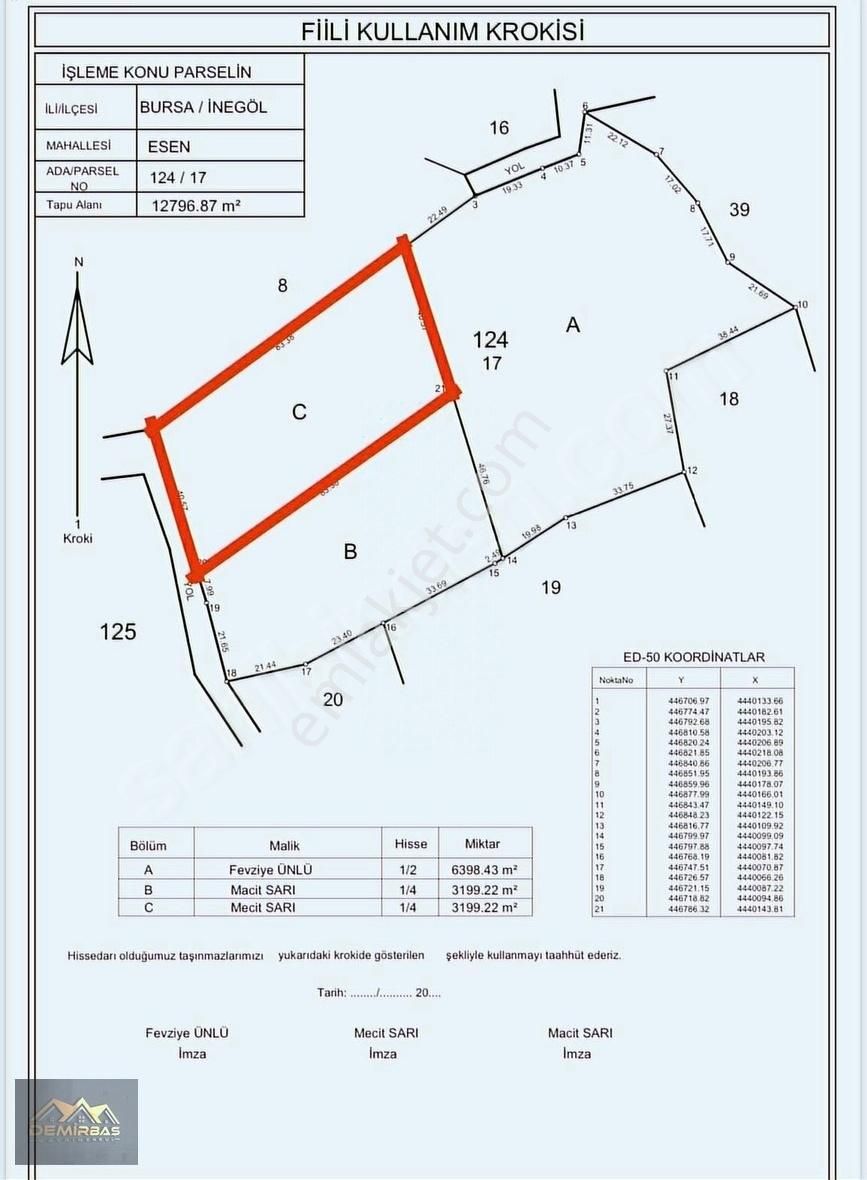 İnegöl Esenköy Satılık Tarla Demirbaş Gayrımenkulden Satılık Tarla 3.199m2