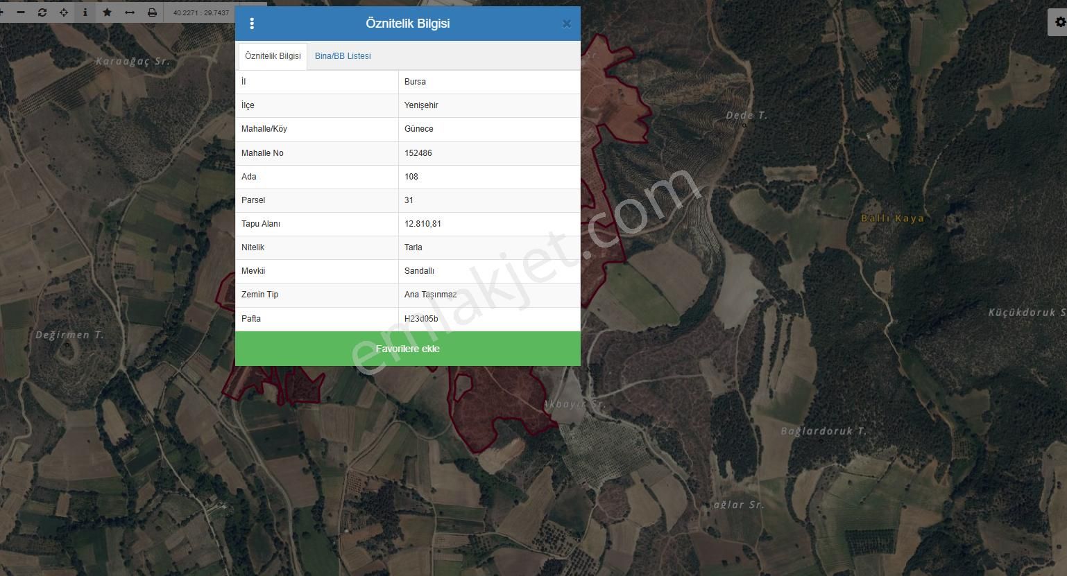 Yenişehir Günece Satılık Tarla Satılık Bursa Yenişehir Günece 1000 M2 Tarla Ormana Cephe