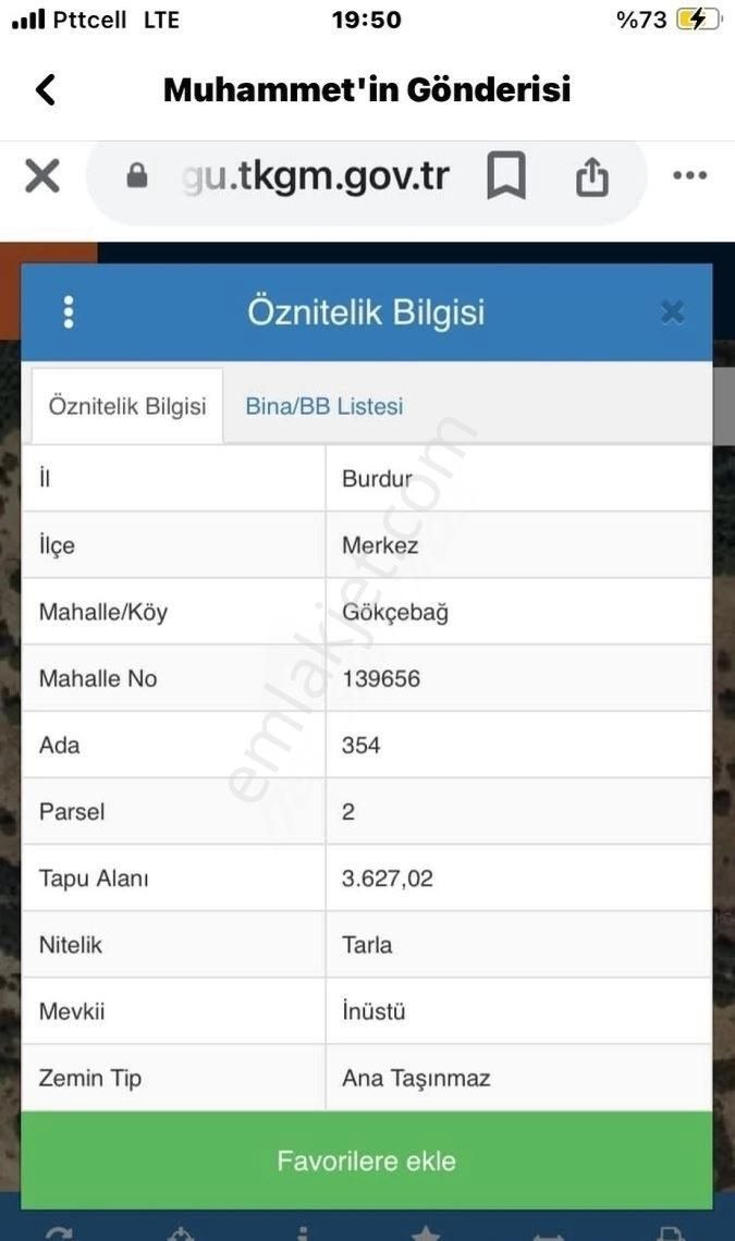 Burdur Merkez Gökçebağ Köyü (Başakevler) Satılık Tarla Burdur Merkez Gökçebag ( Organiza San Üstü) De Satıkık Tarla