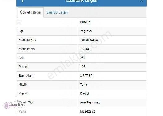 Yeşilova Salda Köyü (Yukarı) Satılık Tarla Burdur Yeşilova'da Salda Gölü'ne 2000m, 3807 M2 Satılık Tarla