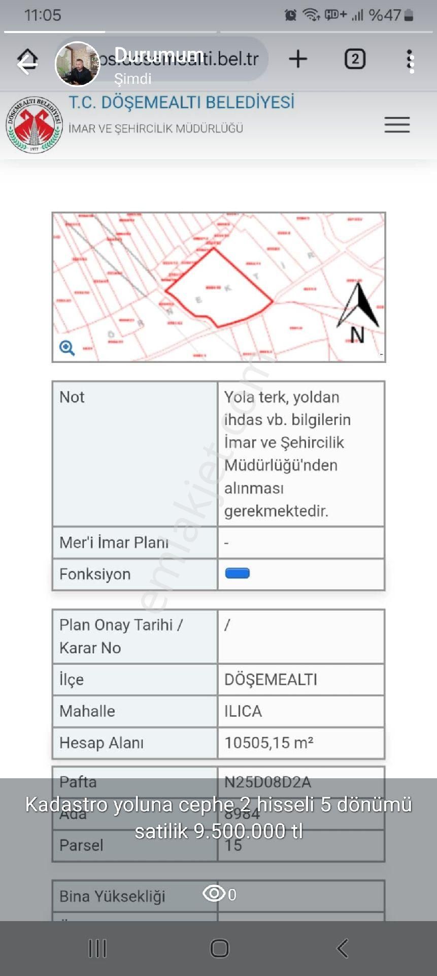 Döşemealtı Ilıcaköy Satılık Tarla Dosemealtı Ilıca Mah 5 Donum Satılık Tarla