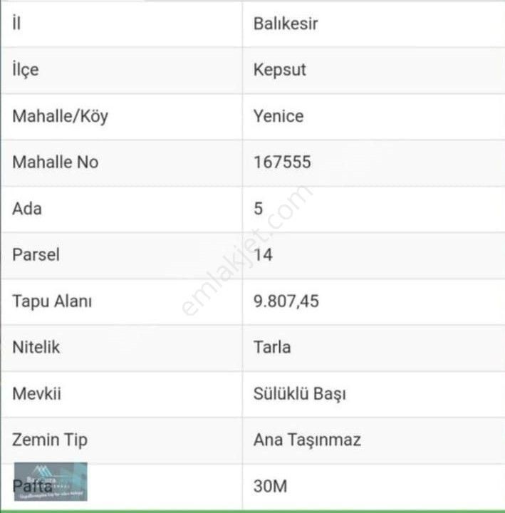 Kepsut Yenice Satılık Tarla Balıkesir Kepsut Yenice Mahallesi 9807 M2 Satılık Tarla