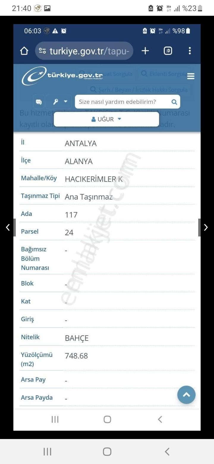 Alanya Hacıkerimler Satılık Tarla Sahibinden