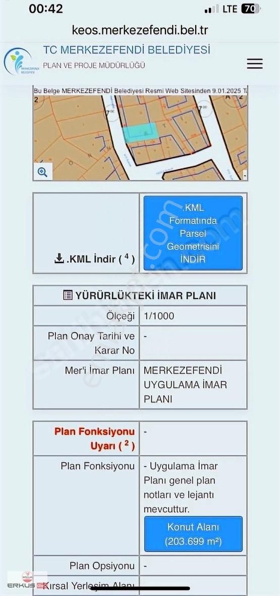 Merkezefendi Merkez Efendi Satılık Tarla Erkuş Gyo Dan Sırakapılar Tekden Karşısında Satılık 204 M2 Arsa