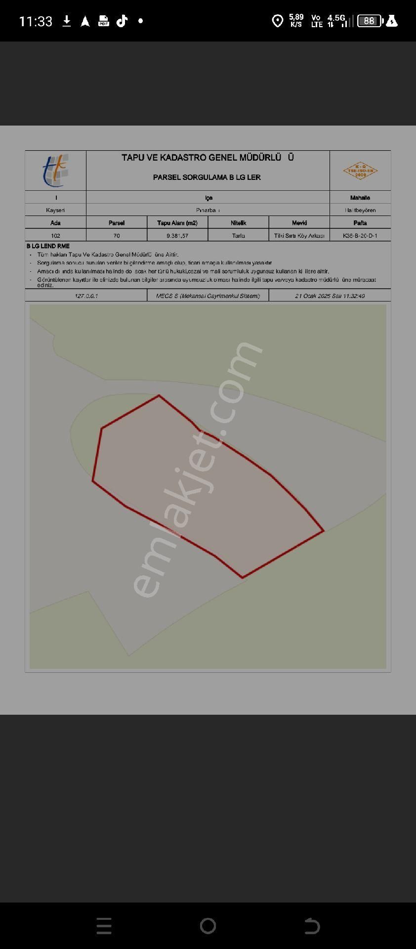 Pınarbaşı Halitbeyören Satılık Tarla Pınarbaşı Halitbeyören Mevki Yatırımlık Tarla