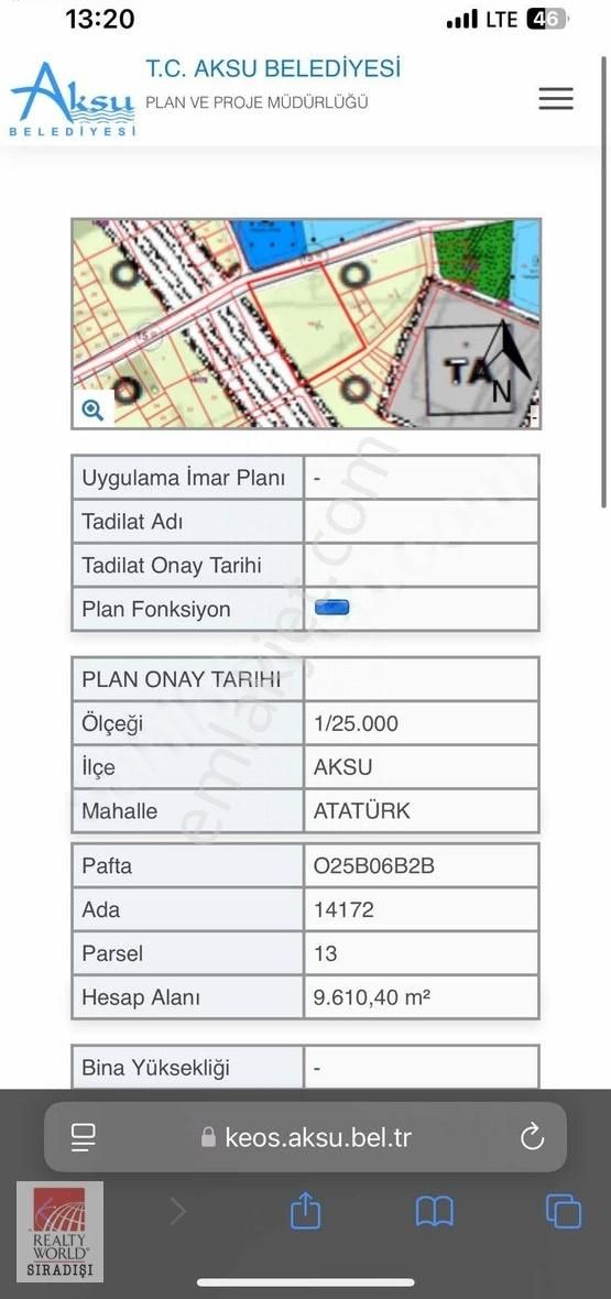 Aksu Atatürk Satılık Tarla Aksu Atatürk Mah. Satılık 9.610 M2 Arsa