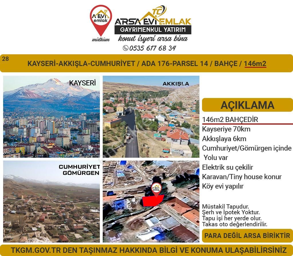 Akkışla Gömürgen Yeni Satılık Bağ & Bahçe Kayseri Akkışla Cumhuriyet Mah. Satılık 146m2 Bahçe