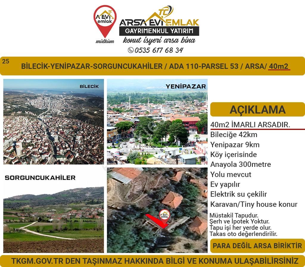 Yenipazar Sorguncukahiler Köyü Satılık Konut İmarlı Bilecik-yenipazar-sorguncukahiler-40m2 İmarlı Arsa