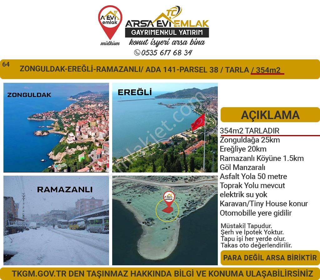 Ereğli Ramazanlı Köyü (Merkez) Satılık Tarla Zonguldak-ereğli-ramazanlı-göl Manzaralı Satılık-354m2tarla