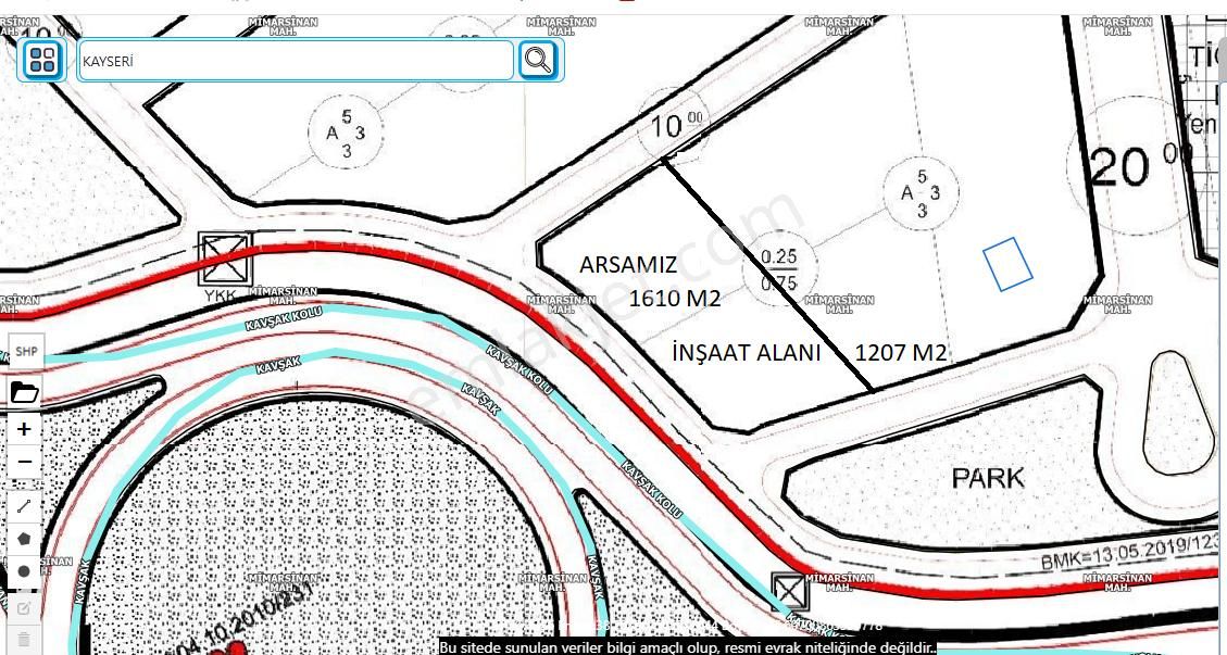 Melikgazi Mimarsinan Satılık Ticari İmarlı Mimarsinan Organize Girişinde 1610 M2 İşyeri Arsası