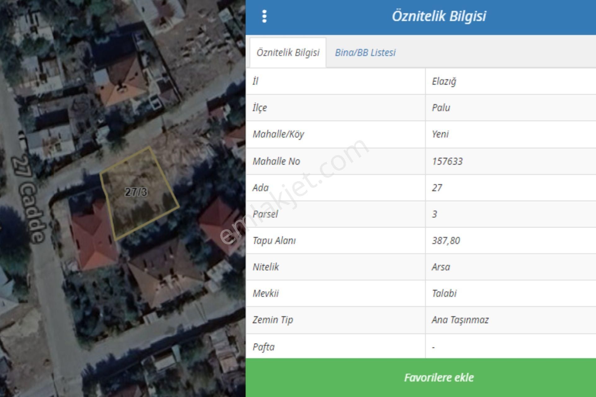 Palu Yenimahalle Satılık Villa İmarlı Palu Yeni Mahalle'de 388m2 Satılık Arsa