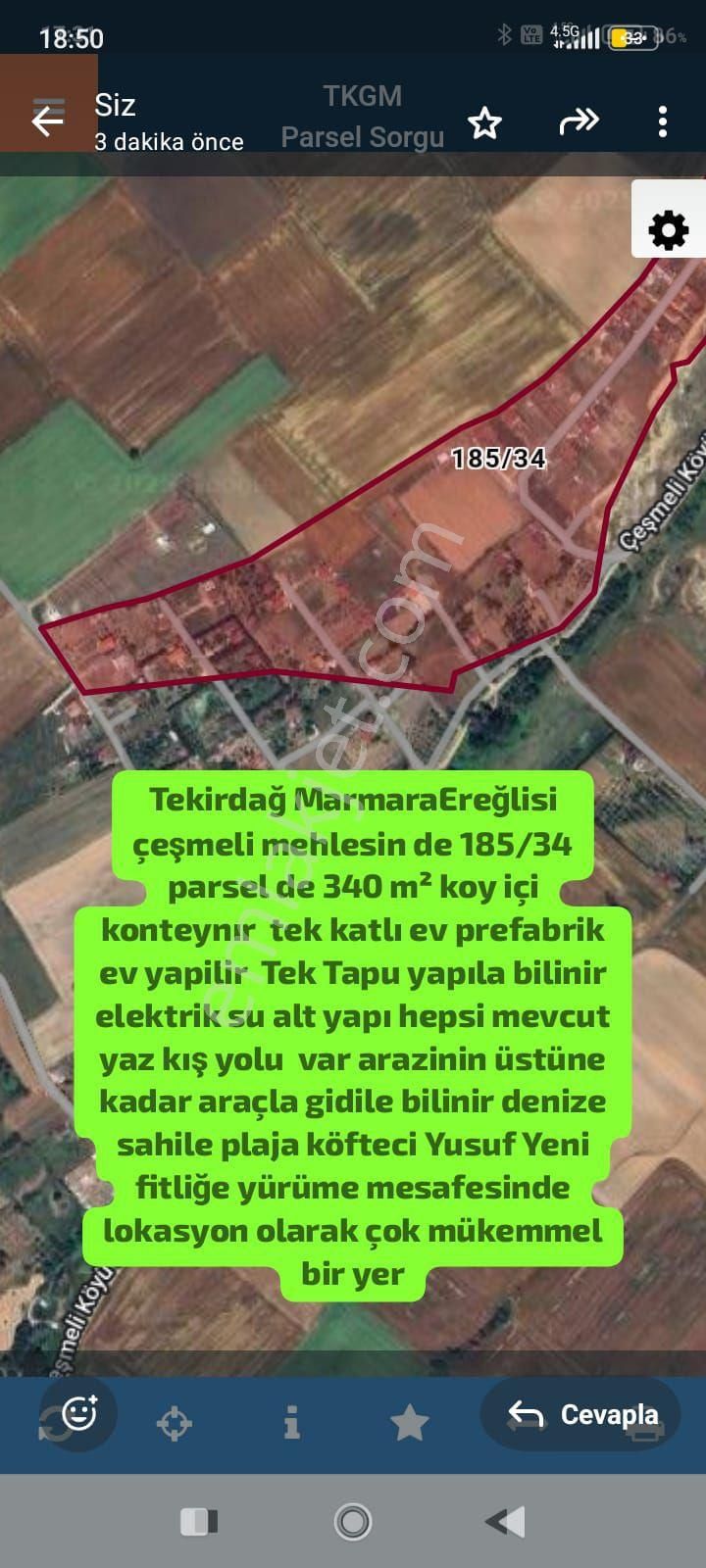 Marmaraereğlisi Çeşmeli Satılık Tarla Tekirdağ Marmaraereğlisi Çeşmeli Mehlesin De 185/34 Parsel 343 M² Köy İçi