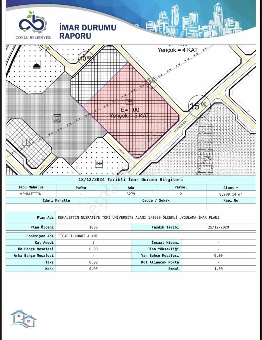 Çorlu Kemalettin Satılık Ticari İmarlı Kemalettin Mah 8900 M2 Satılık Arsa