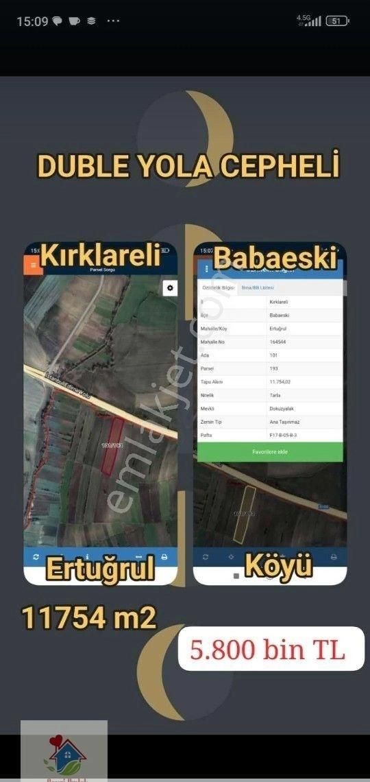 Babaeski Ertuğrulköy Köyü Satılık Tarla Sevgi Emlak'tan Satılık E-5 Cepheli Tarla