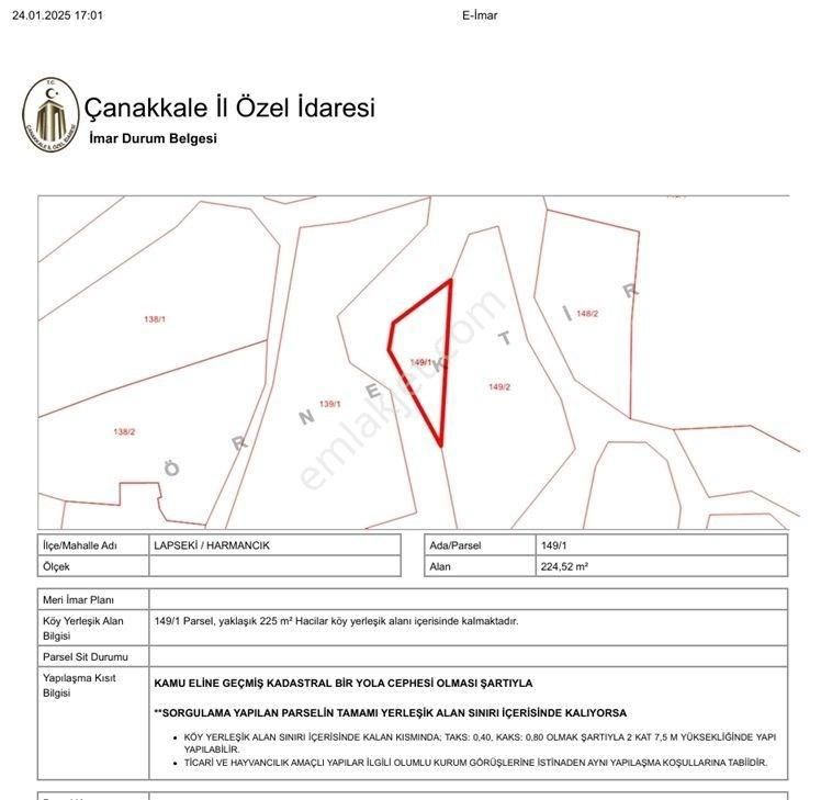 Lapseki Harmancık Köyü (Hacılar Obası) Satılık Konut İmarlı Lapseki Harmancık Hacılar Mahallesinde 225 M2 Arsa