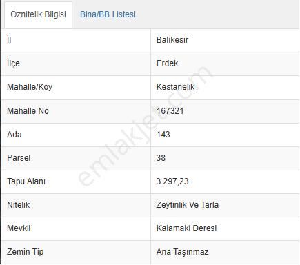 Balıkesir Erdek Satılık Zeytinlik Balıkesir Erdek Kestanelik Mah. 3.297 M2 Satılık Zeytinlik Yatırımlık