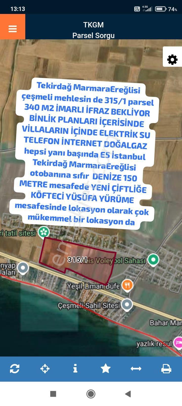 Marmaraereğlisi Çeşmeli Satılık Tarla Tekirdağ Marmaraereğlisi Çeşmeli Mehlesin De 315/1 Parsel 340 M2 İmarlı İfraz