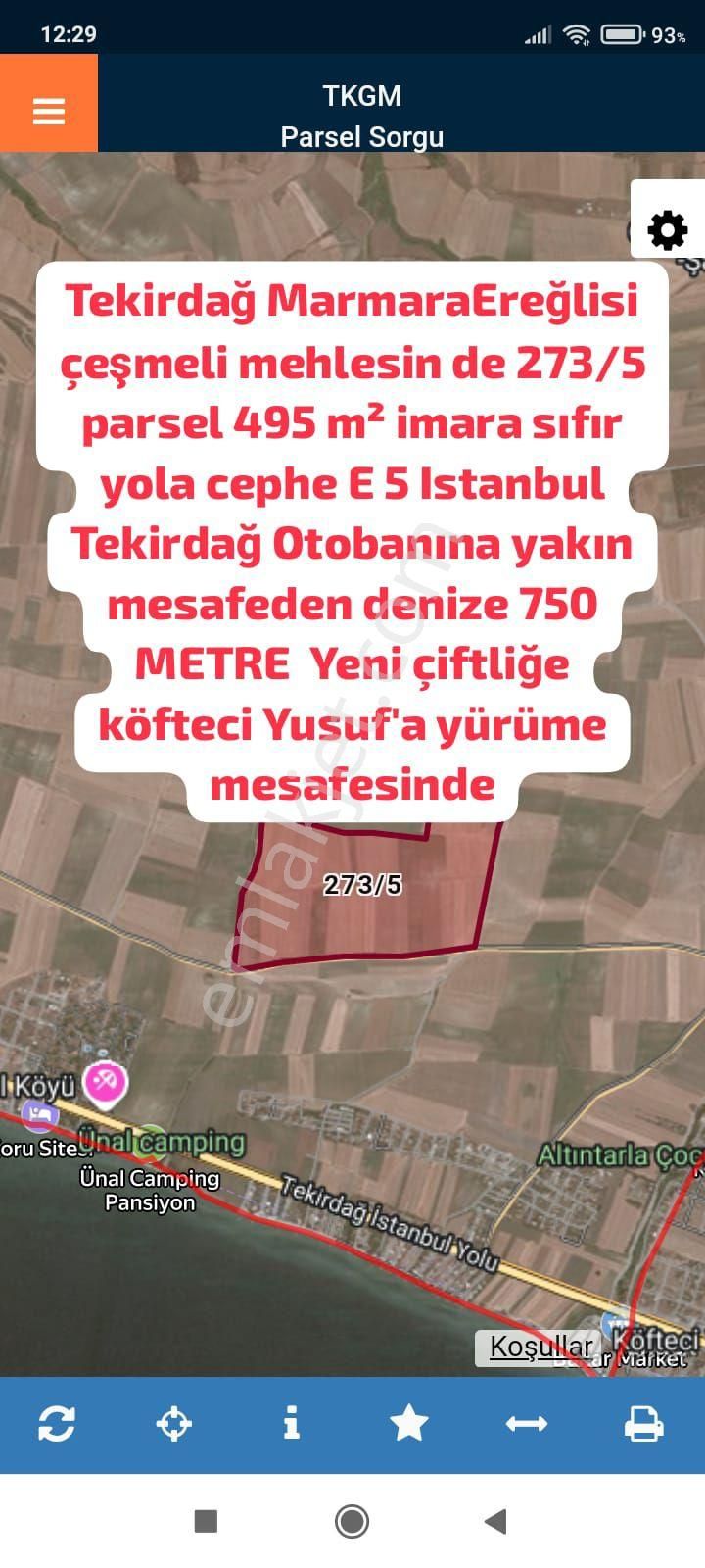 Marmaraereğlisi Çeşmeli Satılık Tarla Tekirdağ Marmaraereğlisi Çeşmeli Mehlesin De 273/5 Parsel 495 M² İmara Sıfır Yola Cephe