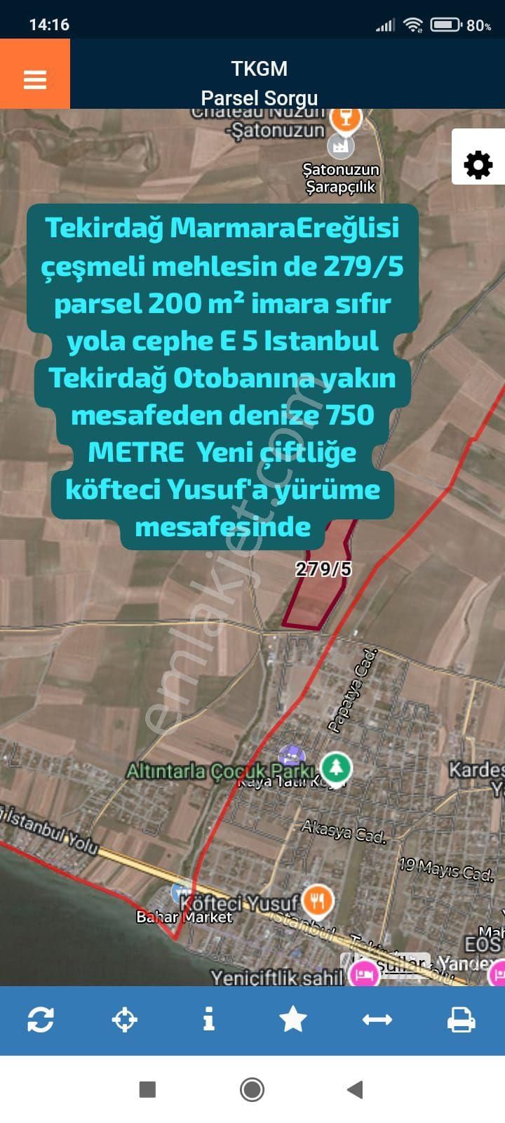 Marmaraereğlisi Çeşmeli Satılık Tarla Tekirdağ Marmaraereğlisi Çeşmeli Mehlesin De 279/5 Parsel 200 M² İmara