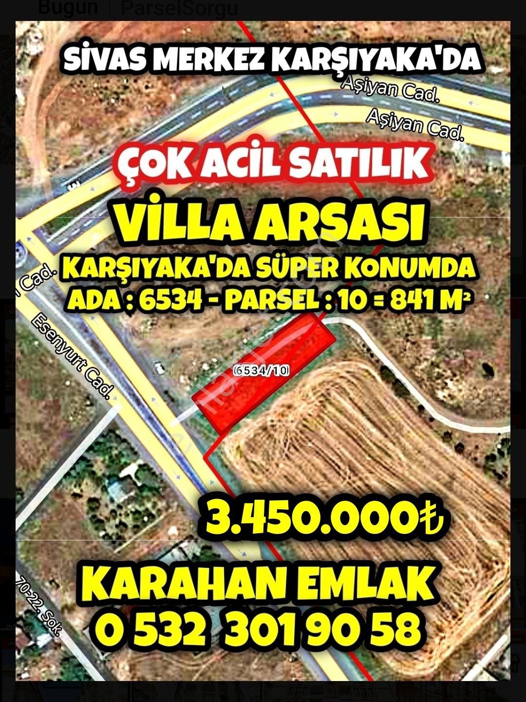 Sivas Merkez Esenyurt Satılık Villa İmarlı Karahan Emlak'tan Karşıyaka'da Çok Acil Satılık 841 M² Villa arsası.