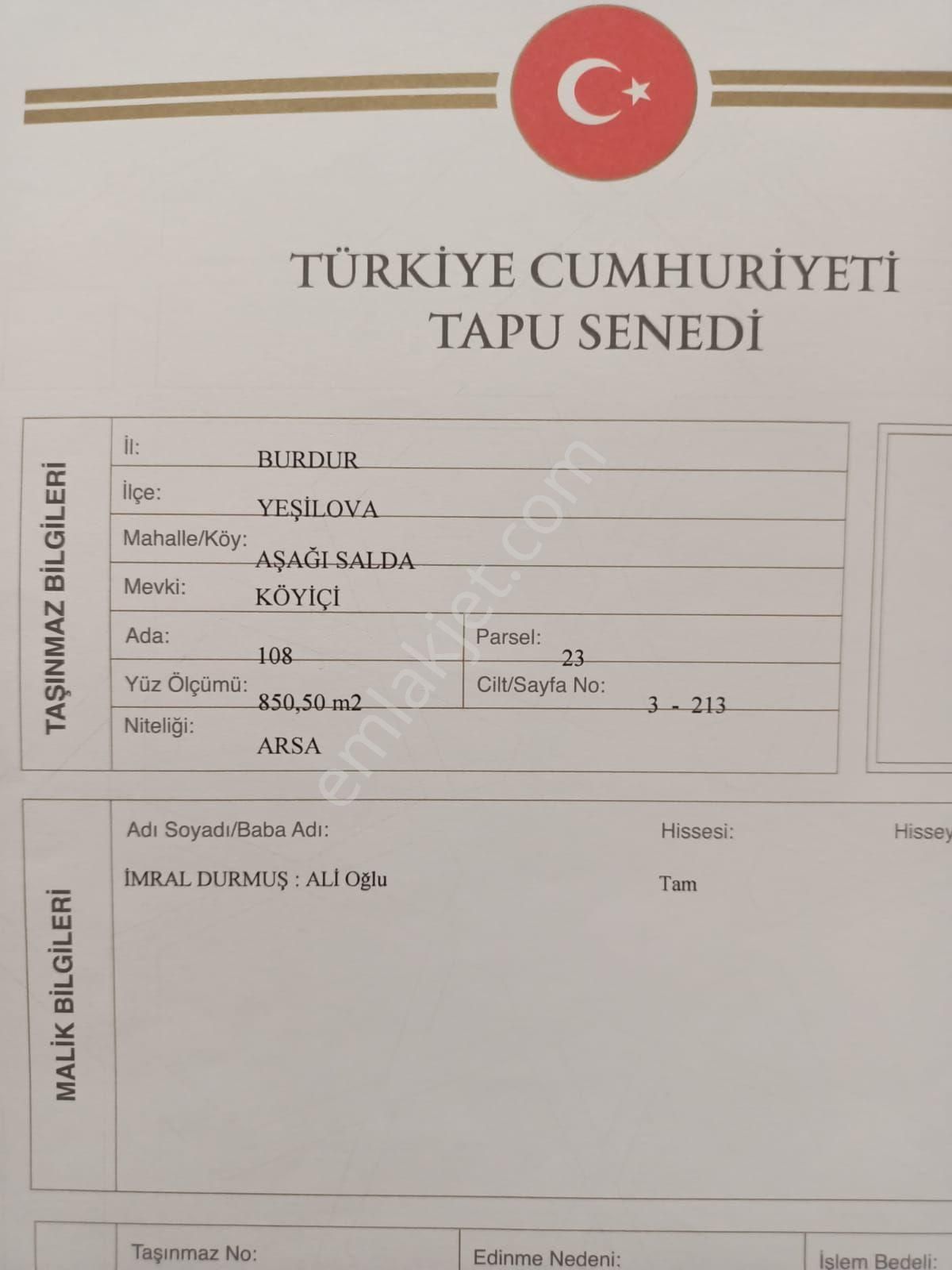 Yeşilova Aşağı Kırlı Köyü Satılık Tarla Karaca Gayrimenkul Sanayi Ve Ticaret Limited Şirketi