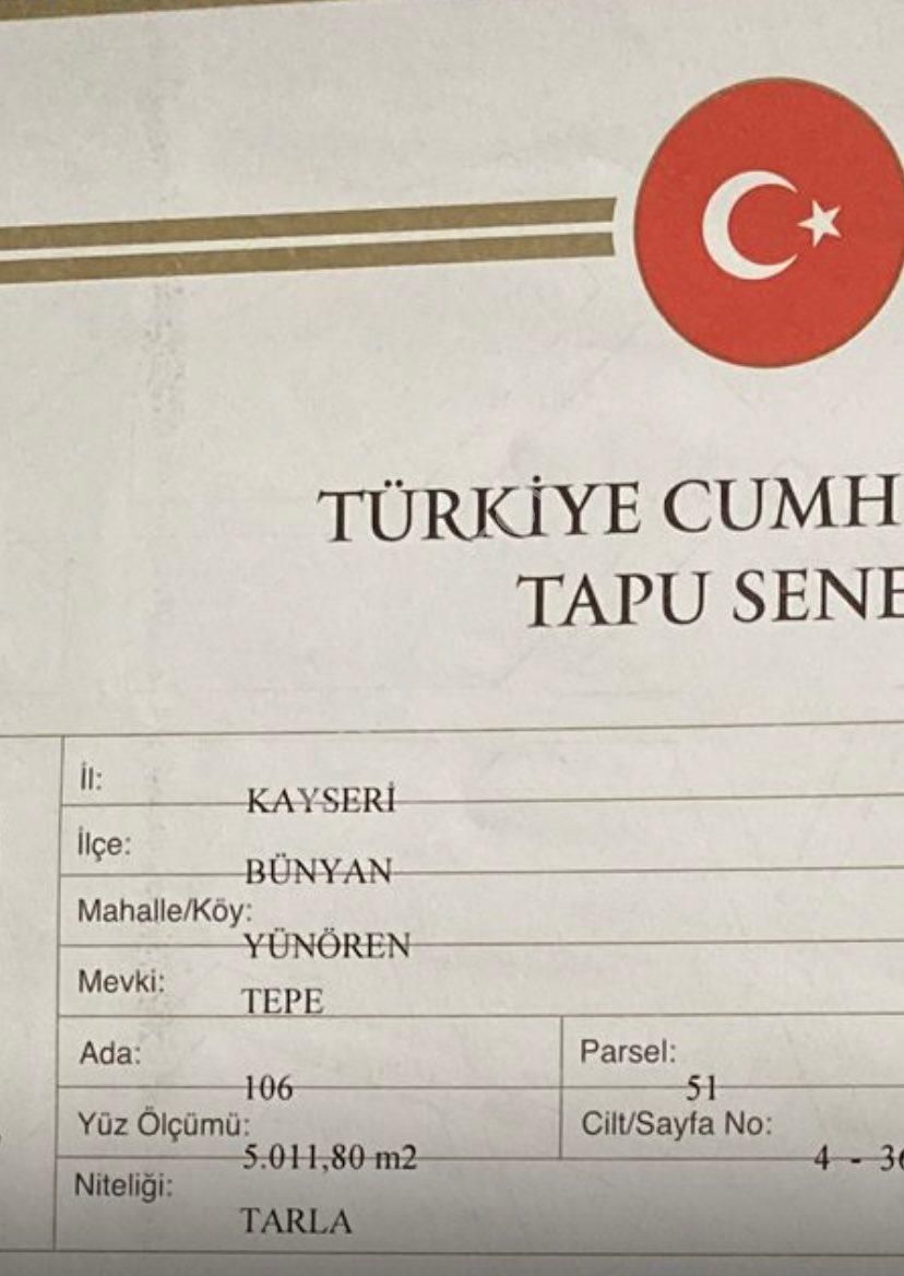 Bünyan Yünören Satılık Tarla Arsa Gibi Tarla