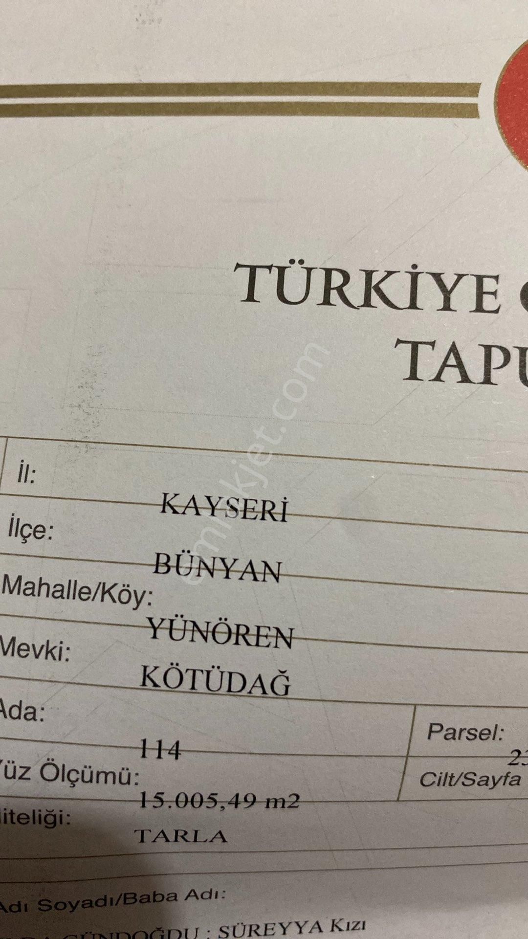 Bünyan Yünören Satılık Tarla Satılık Tarla