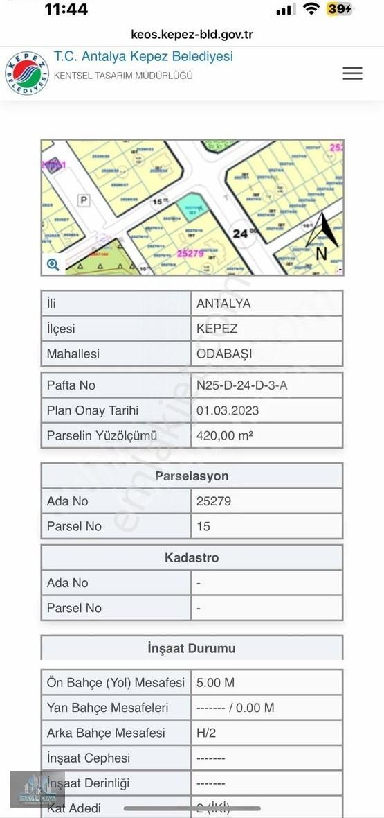 Kepez Odabaşı Satılık Villa İmarlı Kepez Odabaşı 24 Lük Yola Cephe Köşe 420 M2 Villa Arsası