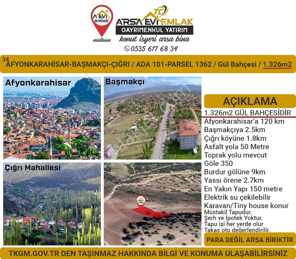 Başmakçı Çığrı Köyü (Yukarı) Satılık Bağ & Bahçe Afyonkarahisar Başmakçı Çığrı Satılık 1326m2 Gül Bahçesi