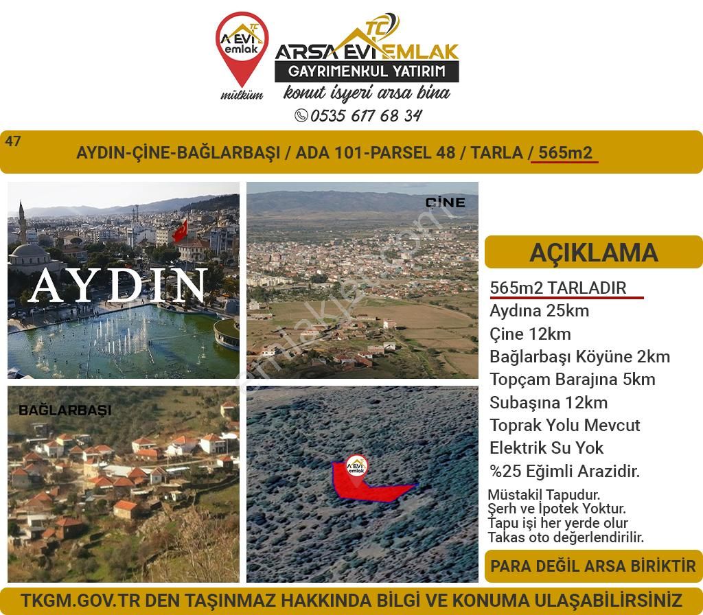 Çine Bağlarbaşı Satılık Tarla Aydın Çine Bağlarbaşı Satılık 565m2 Tarla