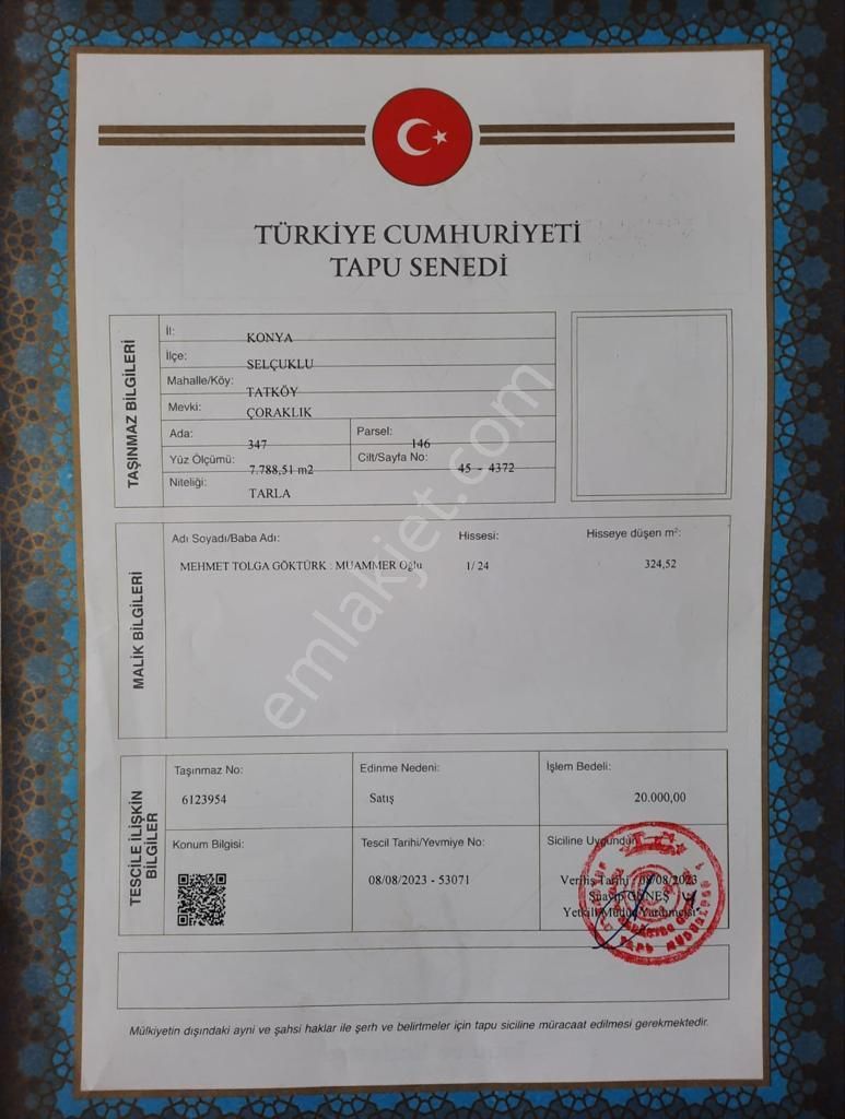 Selçuklu Tatköy Satılık Tarla Tatköy De İçinde Suyu Olan Satılık Bahçe