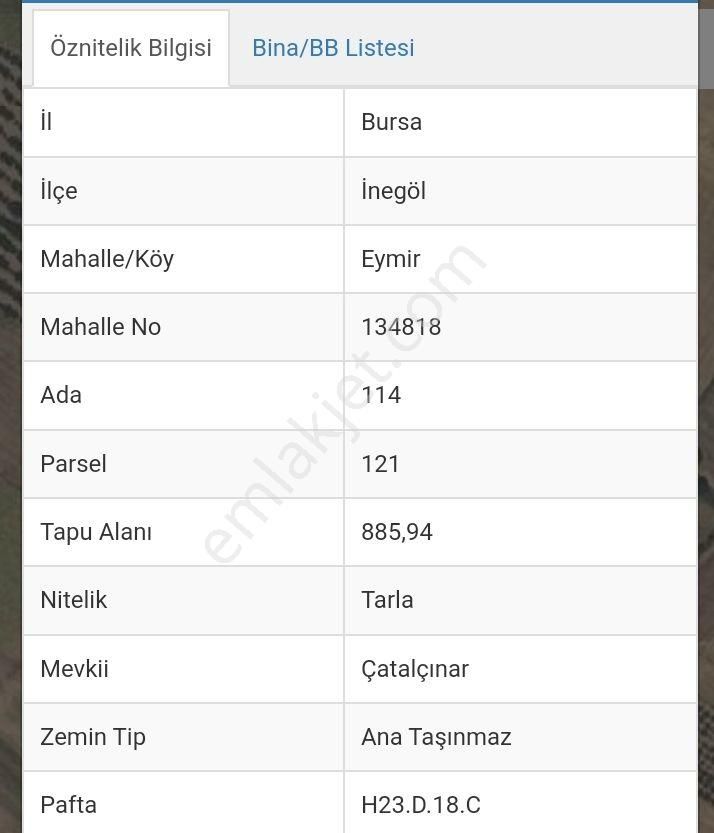 İnegöl Eymir Satılık Tarla Aygülden İnegöl Eymirde 885,95m2 Bahçe İçinde 25 Adet Ceviz Ağacı Olan Daire Takaslı Satılık Tarla