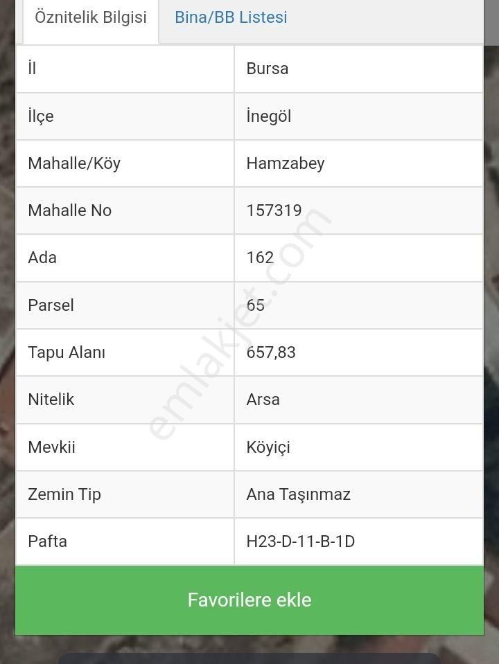 Bursa İnegöl Hamza’bey 657,83m2 Köy İçi Satılık Arsa