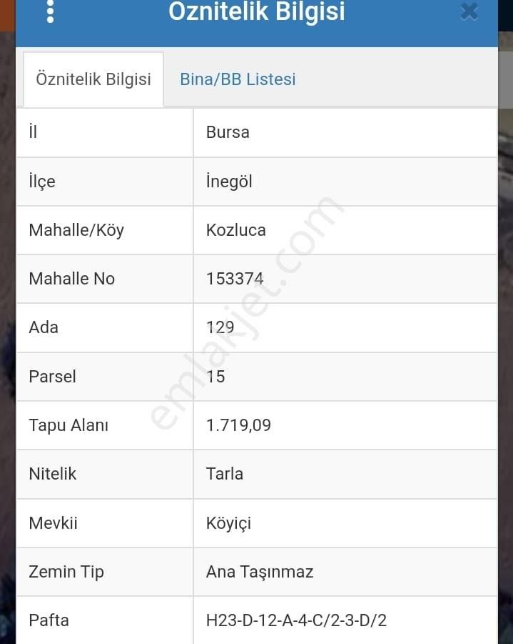 Bursa İnegöl Kozlu’ca 1.719 M2 ,90m2 Daire Takaslı Satılık Tarla