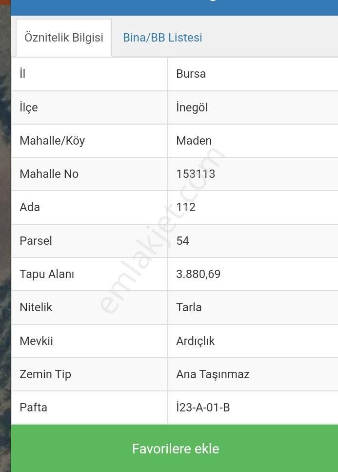 İnegöl Madenköy Satılık Tarla Aygül'den Bursa İnegöl Maden Köyün’de 3.880m2 Ana Yola 1 Parsel İçerde Yol Suyu Olan Satılık Tarla