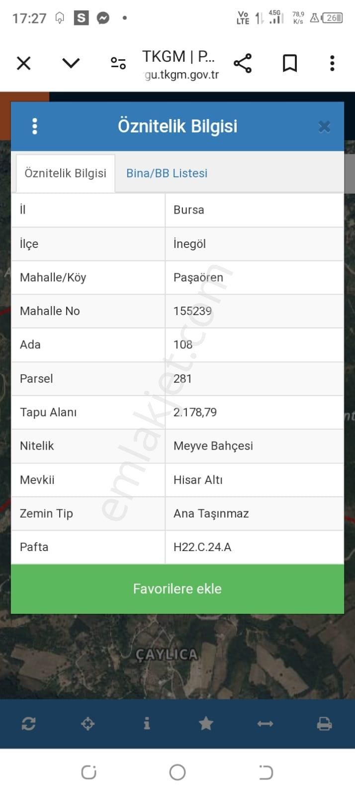 İnegöl Paşaören Satılık Tarla Aygül'den Bursa İnegöl Paşa Ören Köyünde 2.178,79m2 Satılık Tarla