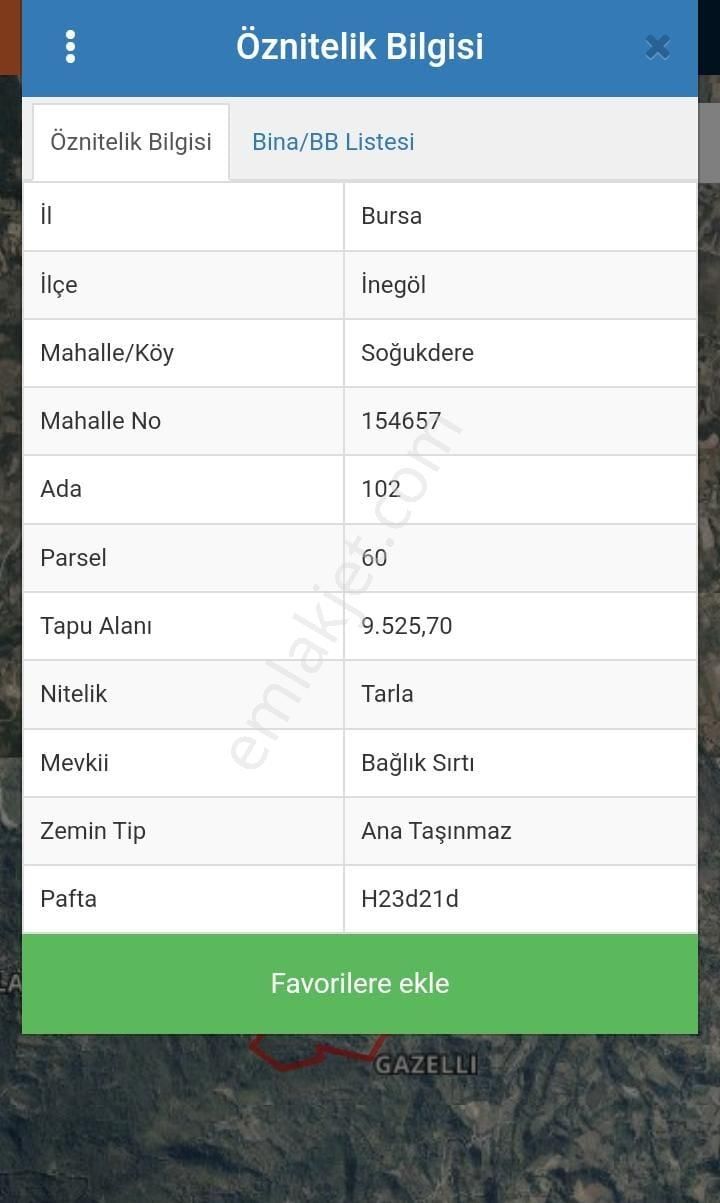 İnegöl Soğukdere Satılık Tarla Aygül'den Bursa İnegöl Soğukdere’de 9.525,25m2 Satılık Tarla