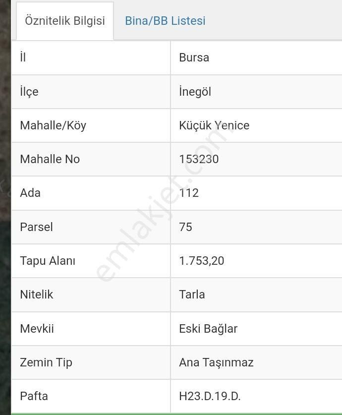 Bursa İnegöl Küçük Yenice’de 1.753,20m2 Satılık Tarla