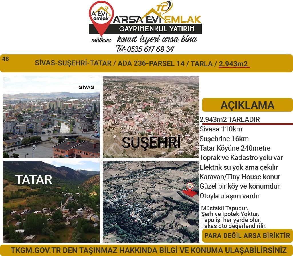 Suşehri Tatar Köyü Satılık Tarla Sivas Suşehri Tatar Satılık 2943m2 Tarla